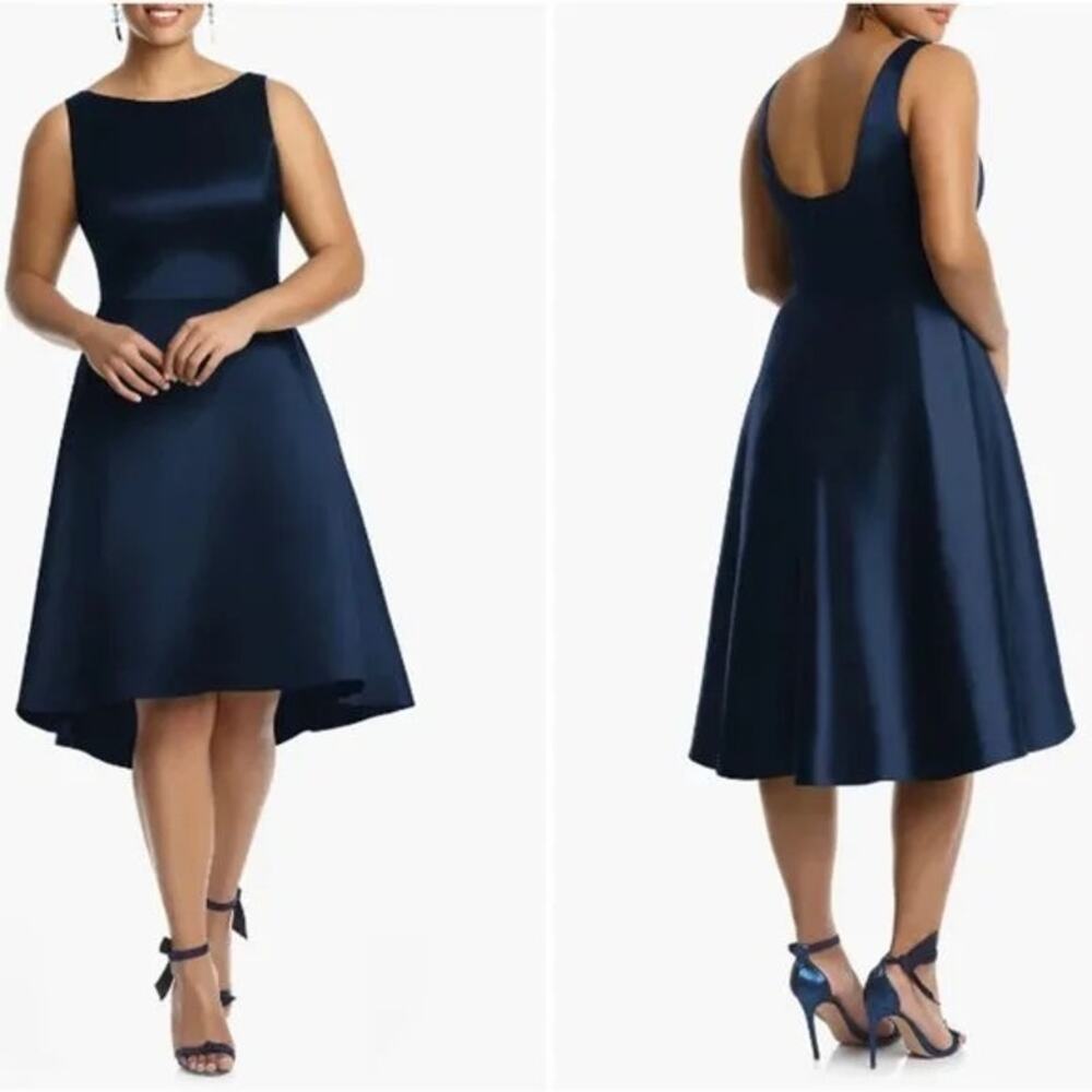 Alfred Sung Midnight Navy Blue Bateau Neck Satin High Low Cocktail Dress Size 16
